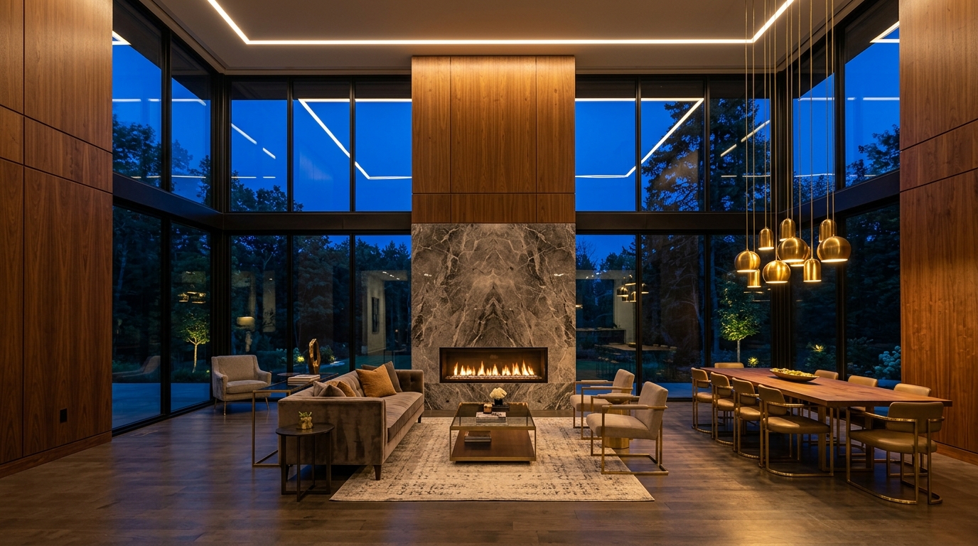 Luxury modern whole-home renovation evening dark mode